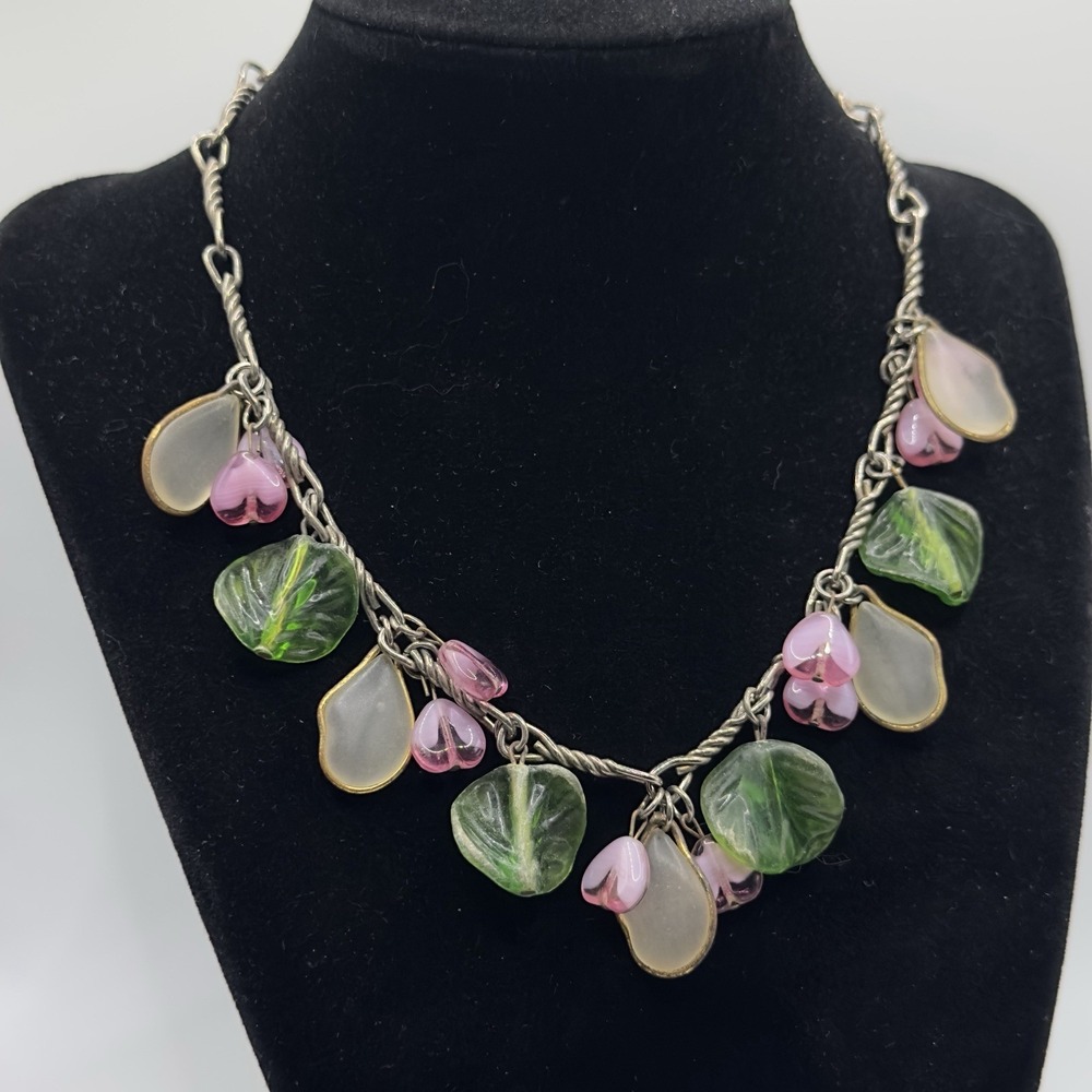Vintage Charm Necklace Lucite Heart Leaf Dangles 16" Colorful Silver Tone Choker